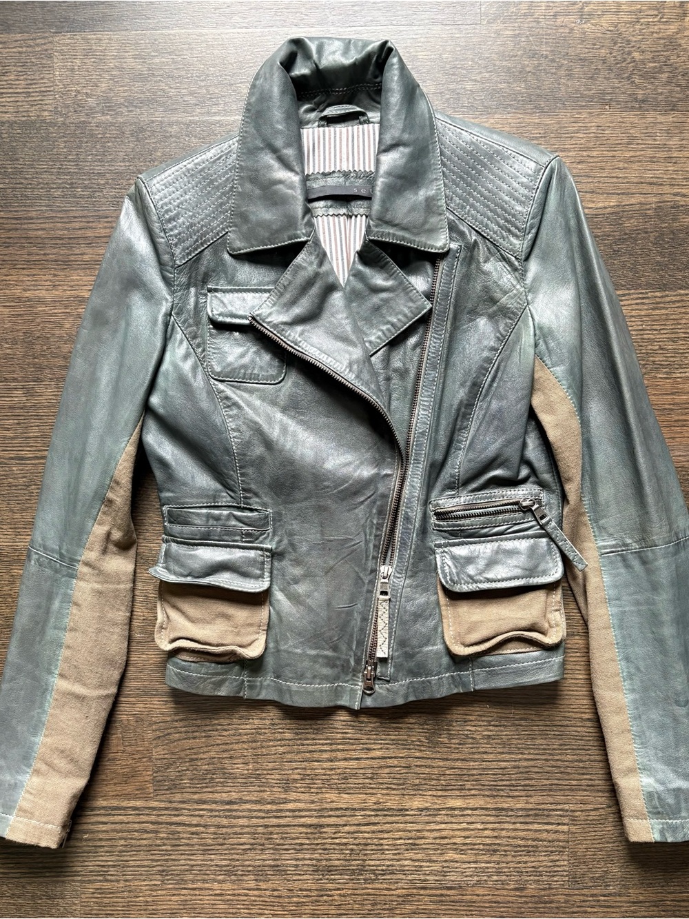 Like New Women's Set Two-Tone Genuine Leather + Cotton Moto Jacket - Sage x Tan